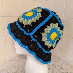 NEW! Hand Crochet Granny Square Hippie Boho Bucket Hat Retro Bonnet Easter